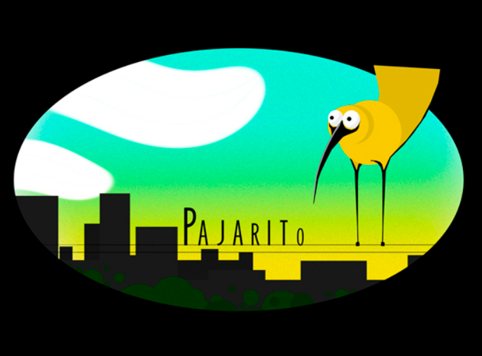 illustration of a yellow bird standing on a cable in the city