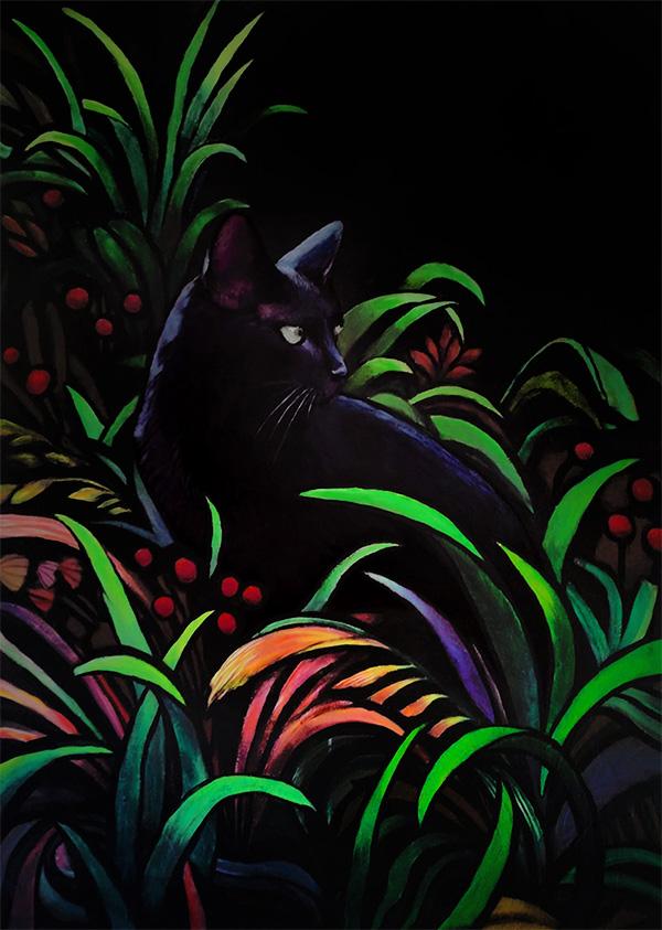 Illustration of a black cat on grass.