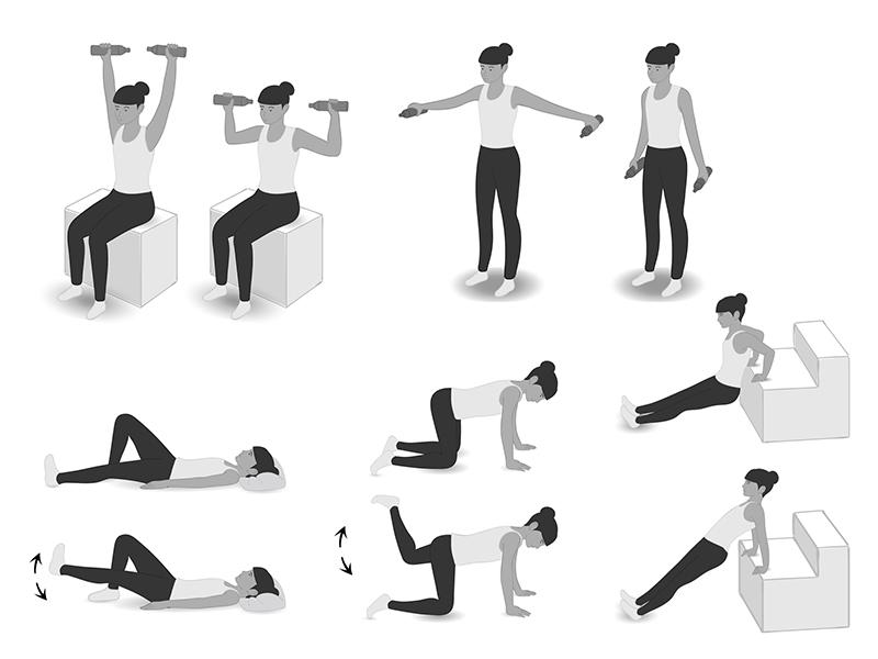 grayscale instructive illustrations of kinesiological exercises