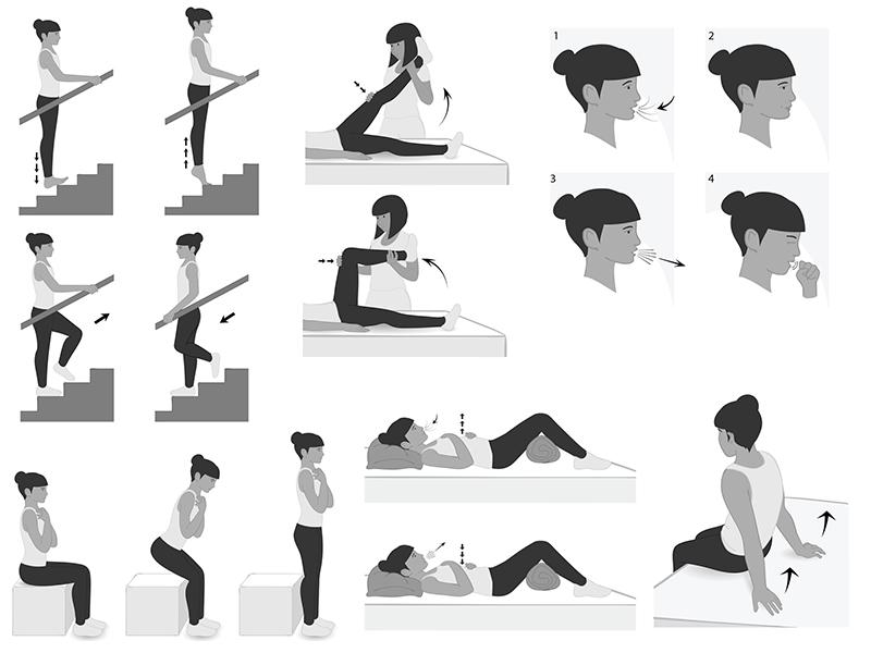 grayscale instructive illustrations of kinesiological exercises