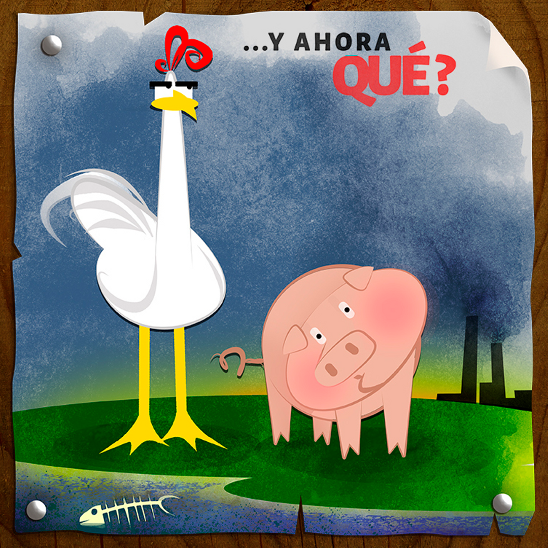 illustration of a pig and a rooster on a polluted environment .