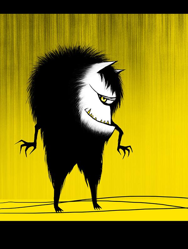 illustration of a hairy black and white monster over yellow background