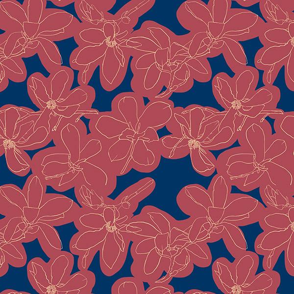 Graphic magnolia flowers in red, blue, and cream colors.