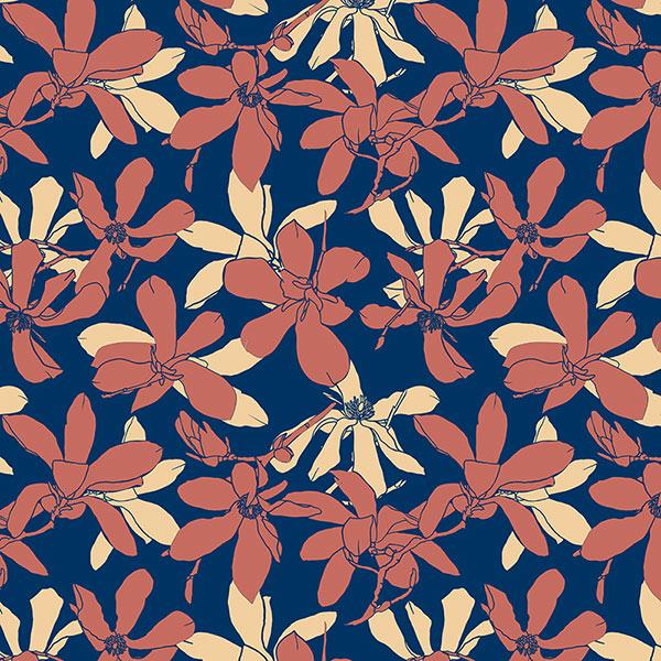 Magnolia flowers in red, blue, and cream colors.