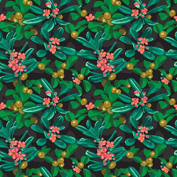 Seamless leafy pattern with green, yellow, and pink flowers on a black background.