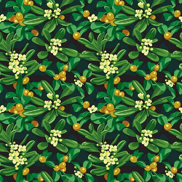 Seamless leafy pattern with green and yellow flowers on a black background.