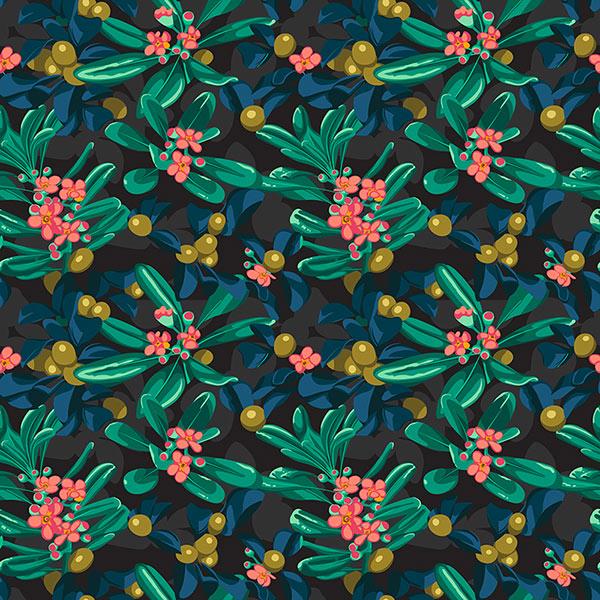 Seamless leafy pattern with turquoise, ocre, salmon, and blue flowers on a black background.