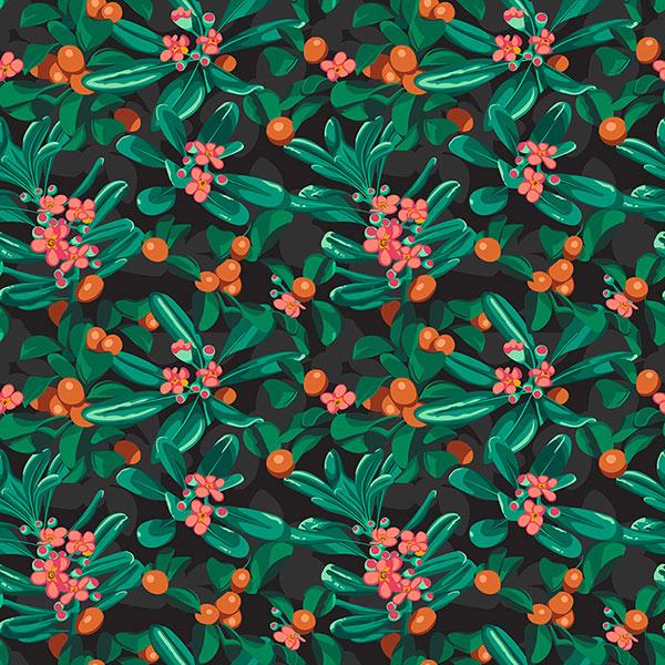 Seamless leafy pattern with turquoise, orange, and salmon flowers on a black background.