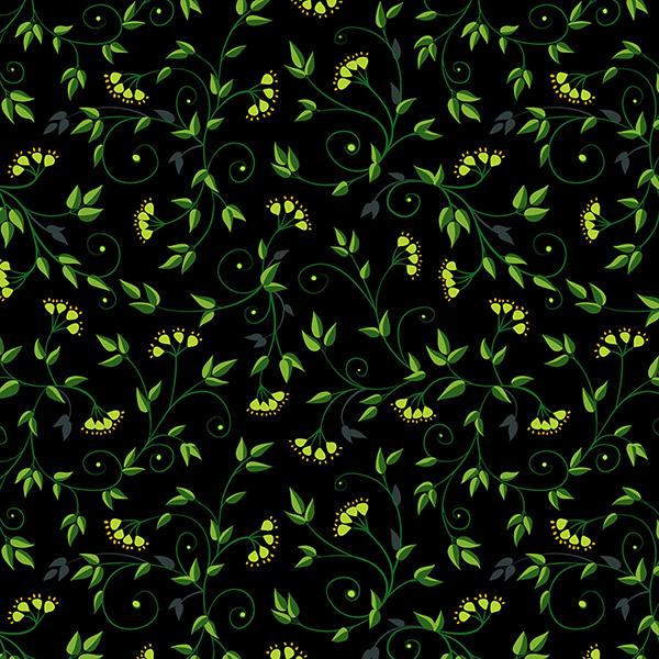 Tiny floral pattern with bright green and yellow colors over a black background.